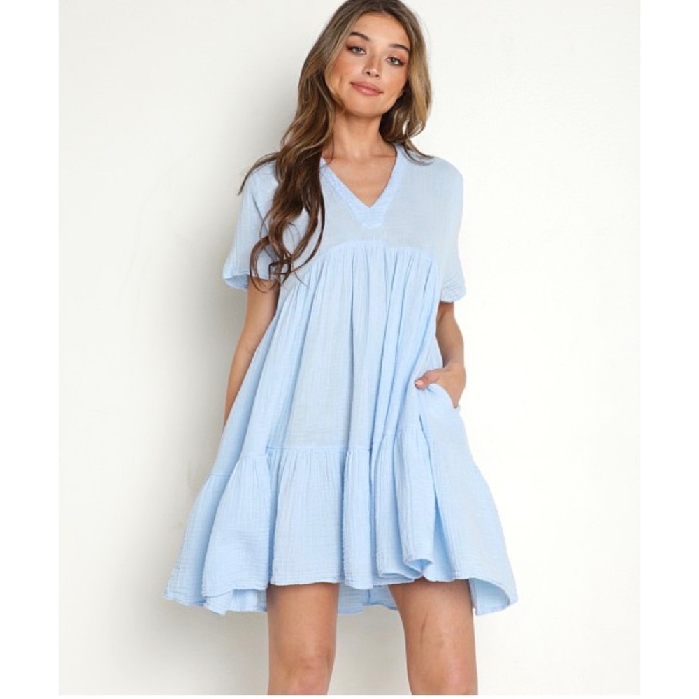 9seed El Matador Cotton Gauze Mini Dress Light Blue M/L NEW Resortwear Ruffle‎